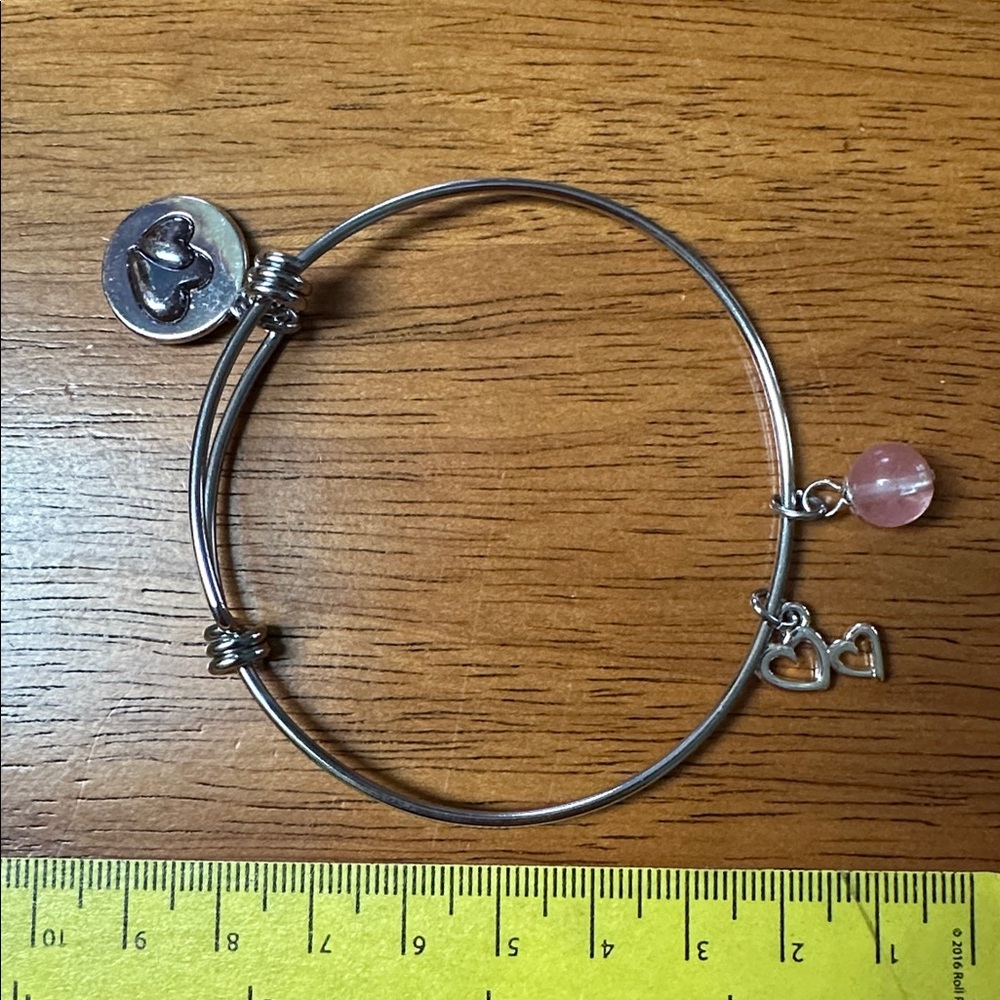 Sisters “Always there” Silver Heart Charm Bangle Bracelet with Rose Quartz.